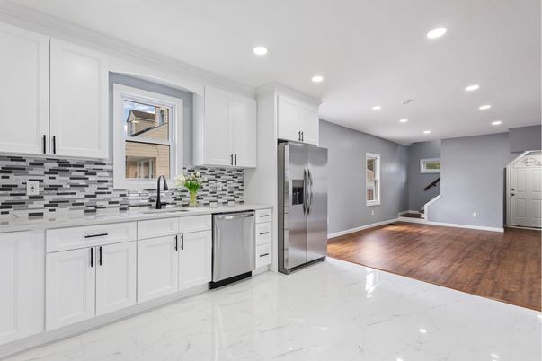 Interior, Kitchen, Marble, Recessed Lighting, Stainless Steel Appliances, Wood Texture Flooring