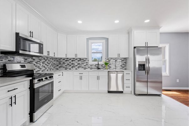 Interior, Kitchen, Marble, Recessed Lighting, Stainless Steel Appliances, Wood Texture Flooring