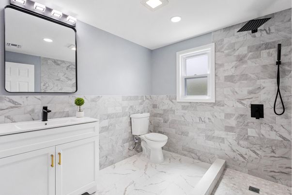 Bathroom, Interior, Marble, Marble Walls, Recessed Lighting