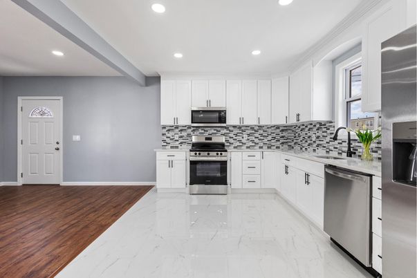 Interior, Kitchen, Marble, Recessed Lighting, Stainless Steel Appliances, Wood Texture Flooring