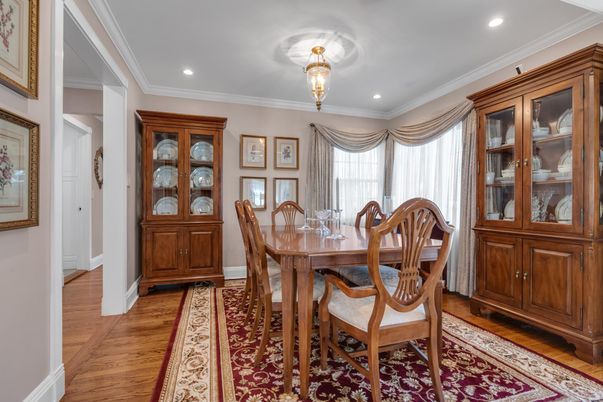 Dining room, Interior, Recessed Lighting, Wood Texture Flooring