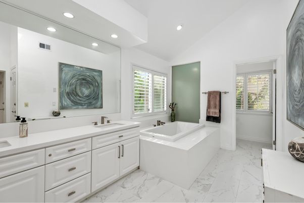 Bathroom, Dual Sink Vanities, Interior, Marble, Recessed Lighting