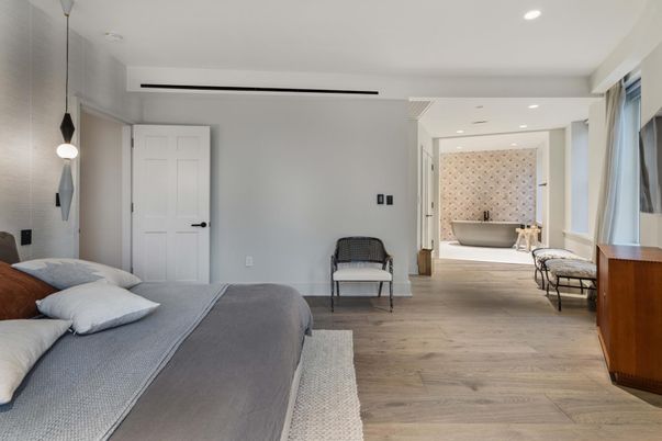 Bedroom, Interior, Pendant Lights, Recessed Lighting, Wood Texture Flooring