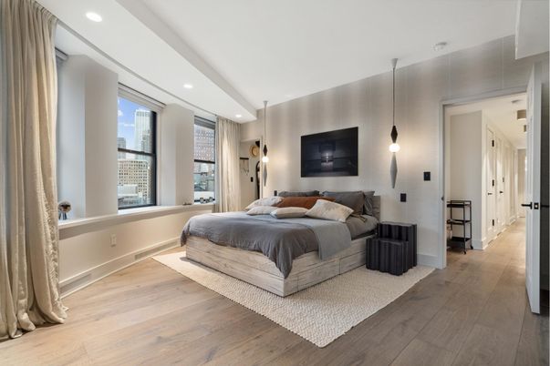 Bedroom, Interior, Pendant Lights, Recessed Lighting, Wood Texture Flooring