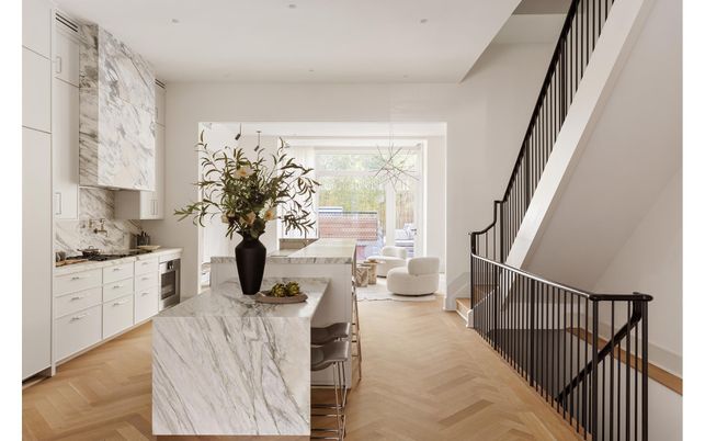 Dining room, Interior, Marble Walls, Pendant Lights, Recessed Lighting, Wood Texture Flooring