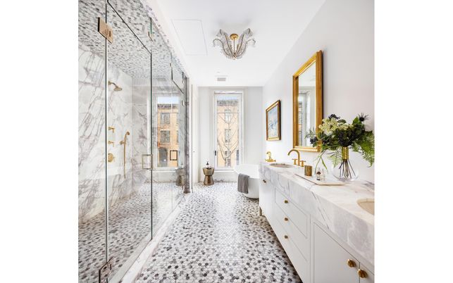 Bathroom, Chandelier, Dual Sink Vanities, Glass Shower, Interior, Marble Walls