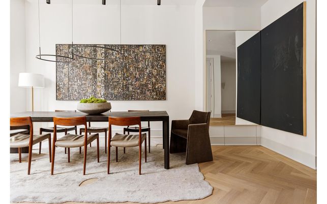 Dining room, Interior, Pendant Lights, Wood Texture Flooring