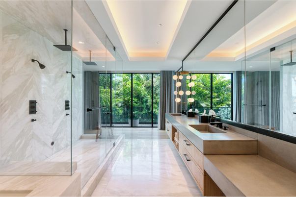 Bathroom, Dual Sink Vanities, Glass Shower, Interior, Marble Walls, Recessed Lighting