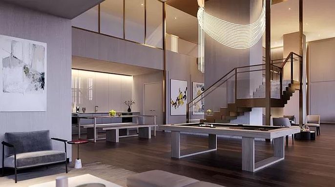 Billiard Table, Game Room, Interior, Pendant Lights, Recessed Lighting, Wood Texture Flooring