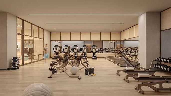 Fitness Equipment, Gym, Interior, Recessed Lighting, Wood Texture Flooring