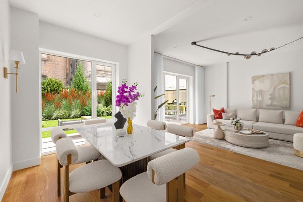 Dining room, Interior, Living room, Recessed Lighting, Wood Texture Flooring