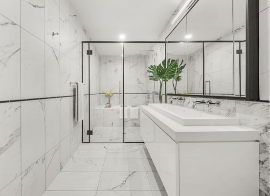 Bathroom, Glass Shower, Interior, Marble, Marble Walls, Recessed Lighting