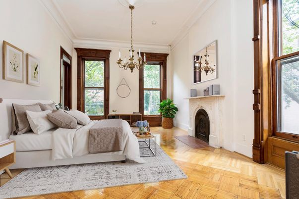 Bedroom, Chandelier, Fireplace, Interior, Wood Texture Flooring
