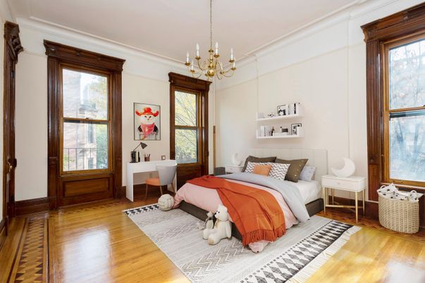 Bedroom, Chandelier, Interior, Wood Texture Flooring