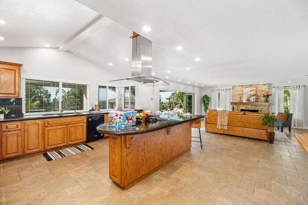 Fireplace, Interior, Kitchen, Living room, Recessed Lighting, Stainless Steel Appliances