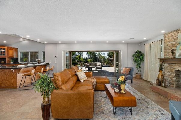 Fireplace, Interior, Kitchen, Living room, Recessed Lighting, Stone Walls