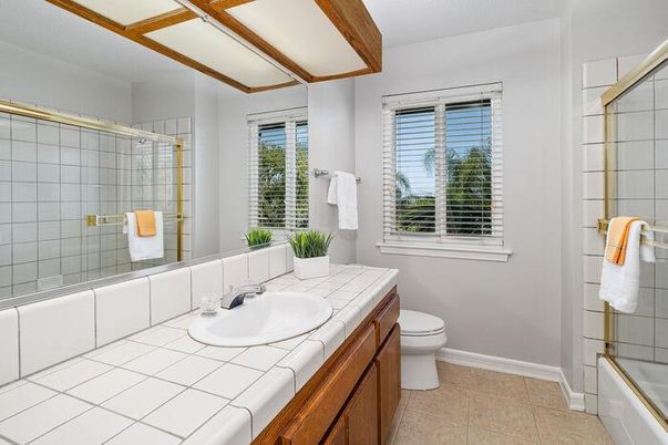 Bathroom, Glass Shower, Interior, Tile Countertops, Wooden Beams