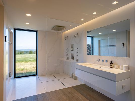 Bathroom, Glass Shower, Interior, Marble, Marble Walls, Recessed Lighting, Wood Texture Flooring