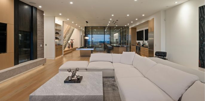 Interior, Kitchen, Living room, Pendant Lights, Recessed Lighting, Wine Storage, Wood Texture Flooring