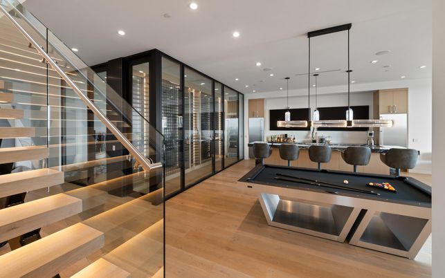 Interior, Kitchen, Pendant Lights, Recessed Lighting, Wine Storage, Wood Texture Flooring