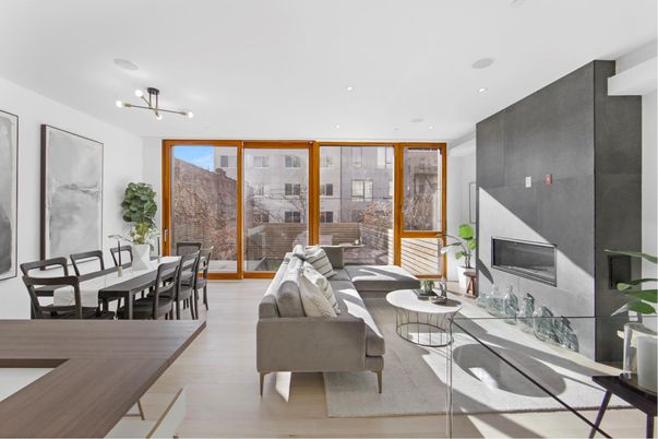 Dining room, Fireplace, Interior, Living room, Pendant Lights, Recessed Lighting, Wood Texture Flooring