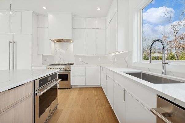 Interior, Kitchen, Pendant Lights, Recessed Lighting, Stainless Steel Appliances, Wood Texture Flooring