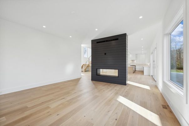 Empty room, Fireplace, Interior, Recessed Lighting, Wood Texture Flooring