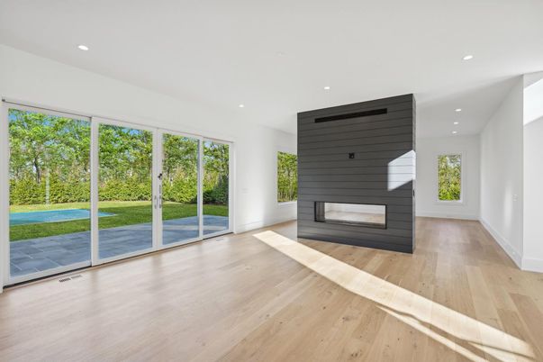Empty room, Fireplace, Interior, Recessed Lighting, Wood Texture Flooring