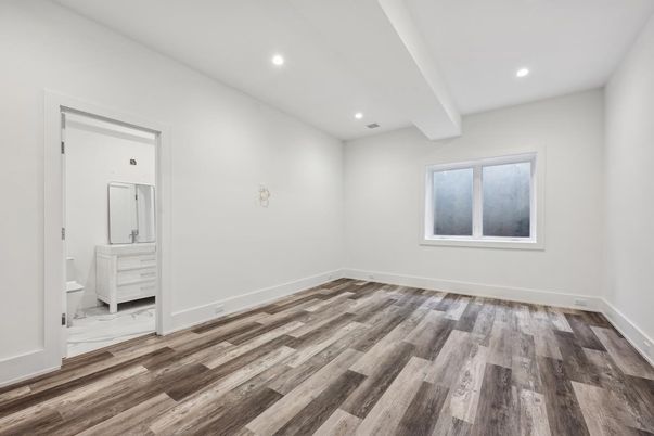 Bathroom, Empty room, Interior, Recessed Lighting, Wood Texture Flooring