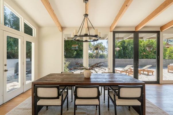 Dining room, Interior, Pendant Lights, Wooden Beams, Wood Texture Flooring