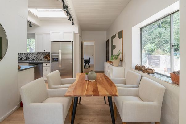Dining room, Interior, Kitchen, Living room, Stainless Steel Appliances, Wood Texture Flooring