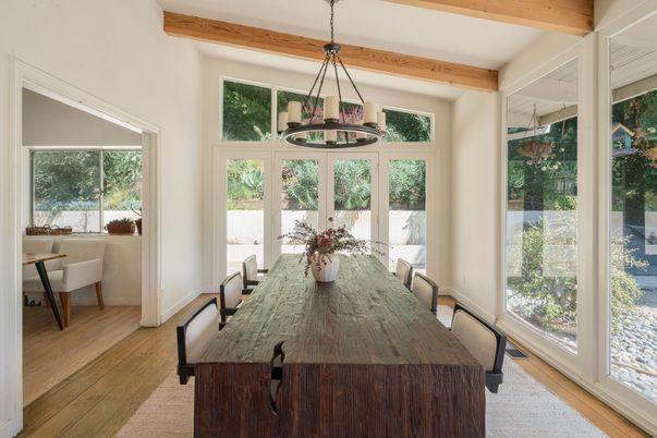 Dining room, Interior, Pendant Lights, Wooden Beams, Wood Texture Flooring
