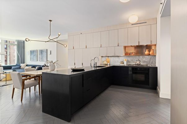 Dining room, Interior, Kitchen, Living room, Pendant Lights, Wood Texture Flooring