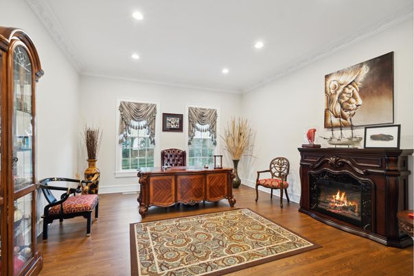 Fireplace, Home Office, Interior, Recessed Lighting, Wood Texture Flooring