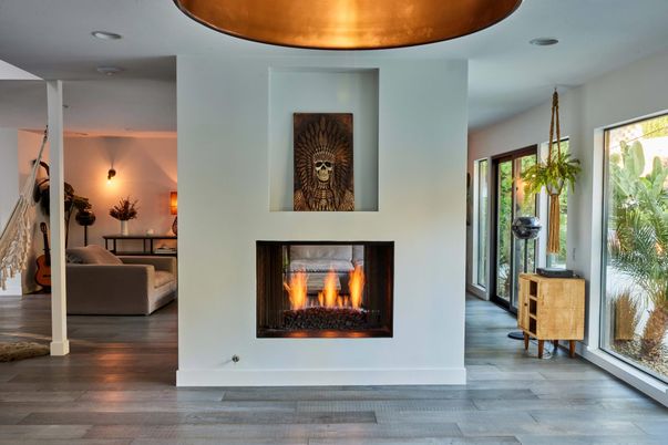 Fireplace, Interior, Recessed Lighting, Wood Texture Flooring