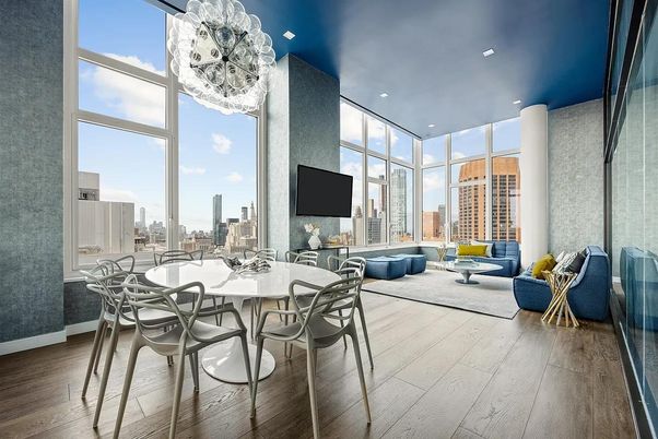 Dining room, Interior, Living room, Pendant Lights, Recessed Lighting, Wood Texture Flooring
