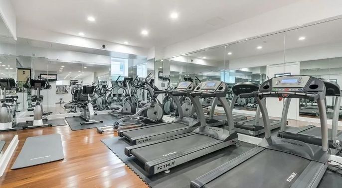 Fitness Equipment, Gym, Interior, Recessed Lighting, Wood Texture Flooring
