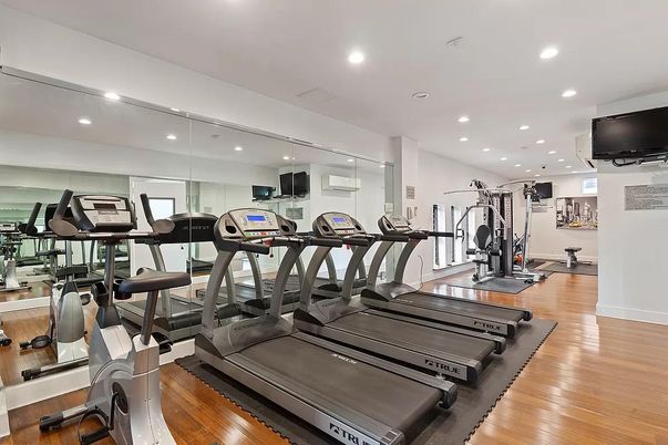 Fitness Equipment, Gym, Interior, Recessed Lighting, Wood Texture Flooring
