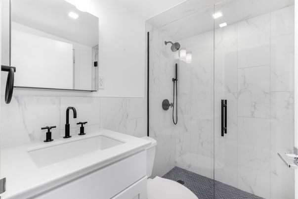 Bathroom, Glass Shower, Interior, Marble Walls, Recessed Lighting