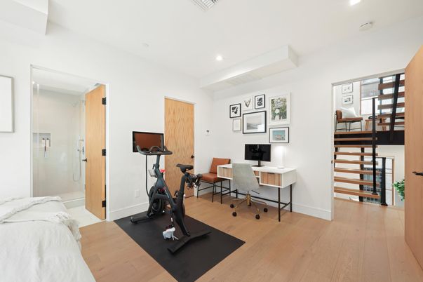 Fitness Equipment, Home Office, Interior, Recessed Lighting, Wood Texture Flooring