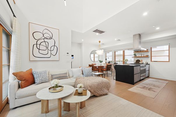 Chandelier, Dining room, Interior, Kitchen, Living room, Pendant Lights, Recessed Lighting, Stainless Steel Appliances, Wood Texture Flooring