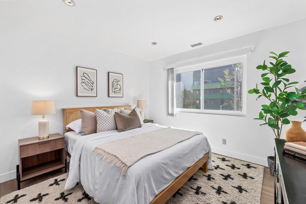 Bedroom, Interior, Recessed Lighting, Wood Texture Flooring