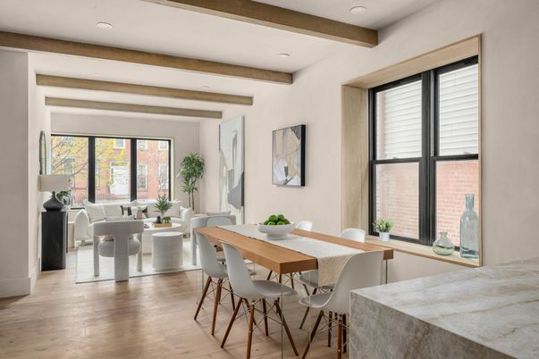 Dining room, Interior, Living room, Recessed Lighting, Wooden Beams, Wood Texture Flooring