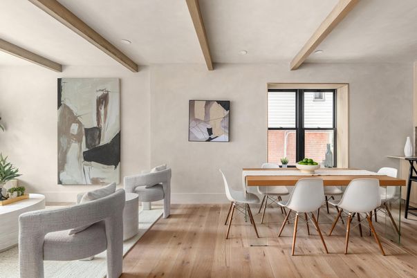 Dining room, Interior, Recessed Lighting, Wooden Beams, Wood Texture Flooring