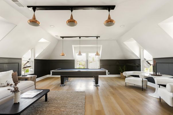 Billiard Table, Game Room, Interior, Pendant Lights, Wood Texture Flooring