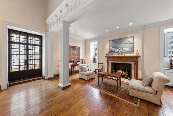Fireplace, Interior, Living room, Recessed Lighting, Wood Texture Flooring