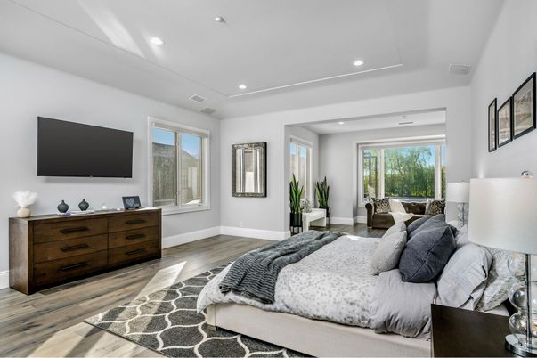 Bedroom, Interior, Recessed Lighting, Wood Texture Flooring
