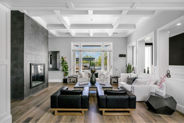 Fireplace, Interior, Living room, Recessed Lighting, Stone Walls, Wood Texture Flooring