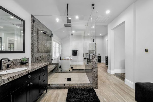 Bathroom, Dual Sink Vanities, Free Standing Baths, Glass Shower, Interior, Recessed Lighting, Wood Texture Flooring