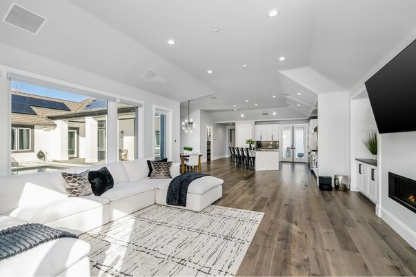 Dining room, Fireplace, Interior, Kitchen, Living room, Pendant Lights, Recessed Lighting, Wood Texture Flooring